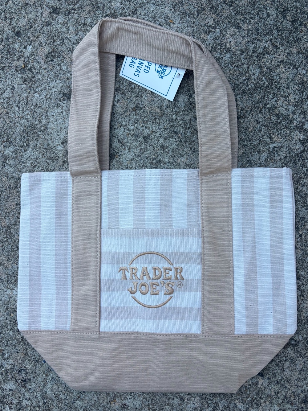 NWT Trader Joe’s mini Beige & White Striped Canvas Tote Bag